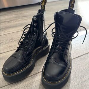 Dr. Martens Black Patent Leather Lace-Up Boots with Yellow Stitching